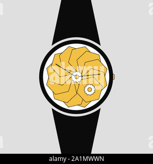 Vector analog clock on a wrist icon. Symbol of time management, chronometer with hour and minute arrow. Simple black, white and yellow illustration is Stock Photo