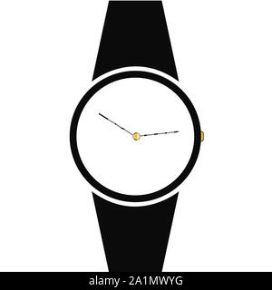 Vector analog clock on a wrist icon. Symbol of time management, chronometer with hour and minute arrow. Simple black and white illustration with yello Stock Photo