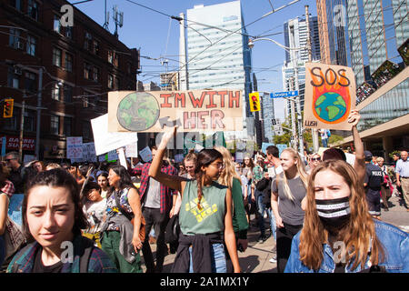 Toronto, Ontario, Canada. 27th Sep, 2019. Climate strike protest of climate change and climate action in Toronto this Friday September 27th 2019. The campaign championed by United Nations Climate Change Panel and the #FridaysforFuture campaign brought thousands of protesters to Downtown Toronto. (Credit Image: © Johnny De FrancoZUMA Wire) Stock Photo