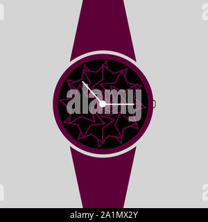 Vector analog clock on a wrist icon. Symbol of time management, chronometer with hour and minute arrow. Simple purple and black illustration isolated Stock Photo