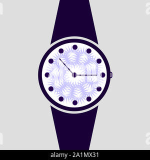 Vector analog clock on a wrist icon. Symbol of time management, chronometer with hour and minute arrow. Simple purple and white illustration isolated Stock Photo
