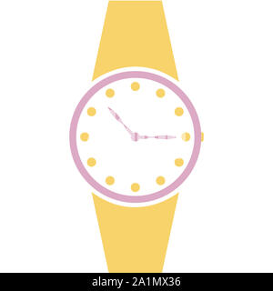Vector analog clock on a wrist icon. Symbol of time management, chronometer with hour and minute arrow. Simple white and yellow illustration isolated Stock Photo