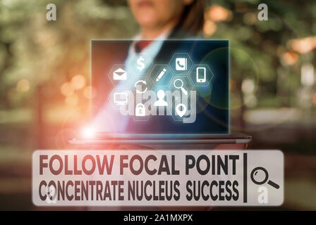 Text sign showing Follow Focal Point Concentrate Nucleus Success. Business photo text Concentration look for target Stock Photo