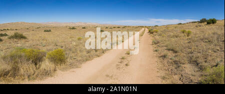 Long desert dirt road through the open grasslands of southern California's Carrizo Plain National Monument. Stock Photo