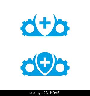 Cross shield, mechanism and cloud icons isolated on white background. Stock Vector