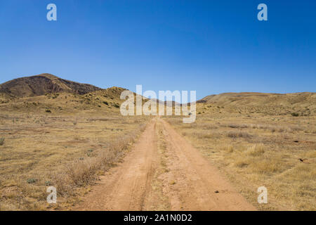 Straight path leads through the desert grasslands of Carrizo Plain National Monument. Stock Photo