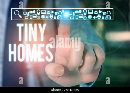 Conceptual hand writing showing Tiny Homes. Concept meaning houses contain one room only or two and small entrance Cheap Woman wear work suit presenti Stock Photo