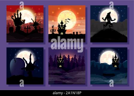 bundle of halloween scenes icons Stock Vector