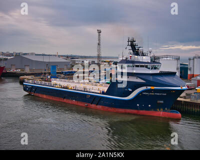 Highland Prestige berthed in the port of Aberdeen, Scotland, UK - this ship is an Offshore Tug / Supply Ship built in 2007. Stock Photo