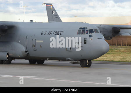 A C-130J from Little Rock Air Force Base, Arkansas, taxis in a formation known as an 'Elephant Walk' during Exercise Mobility Guardian 2019 at Fairchild Air Force Base, Washington, Sept. 27, 2019. Exercise Mobility Guardian is Air Mobility Command’s premier, large scale mobility exercise. Through robust and relevant training, Mobility Guardian improves the readiness and capabilities of Mobility Airmen to deliver rapid global mobility and builds a more lethal and ready Air Force. (U.S. Air Force photo by Staff Sgt. Dana J. Cable) Stock Photo