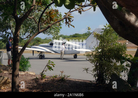 Small plane getting ready to take off from Lizard Island airstrip, northern Great Barrier Reef, Queensland, Australia. No MR or PR Stock Photo