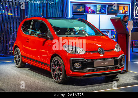 FRANKFURT, GERMANY - SEPT 2019: red VOLKSWAGEN VW UP GTI hatchback, IAA International Motor Show Auto Exhibtion. Stock Photo