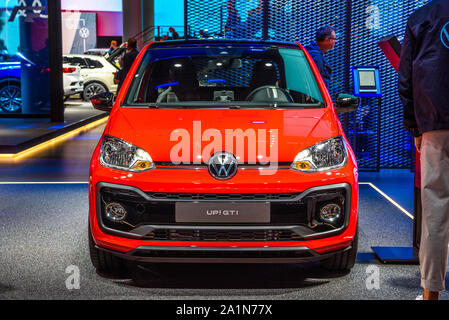 FRANKFURT, GERMANY - SEPT 2019: red VOLKSWAGEN VW UP GTI hatchback, IAA International Motor Show Auto Exhibtion. Stock Photo