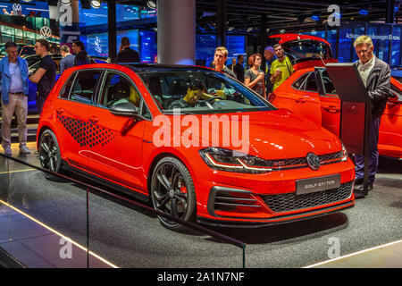 FRANKFURT, GERMANY - SEPT 2019: red VOLKSWAGEN GOLF GTI CTR hatchback, IAA International Motor Show Auto Exhibtion. Stock Photo