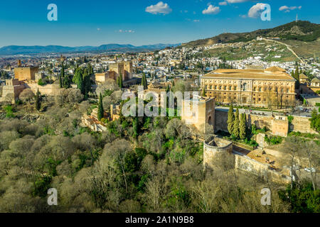 Aerial view of the courtyard of the Palace of Charles V in Granada Spain with the surrounding Arab garden in the Alhambra Stock Photo