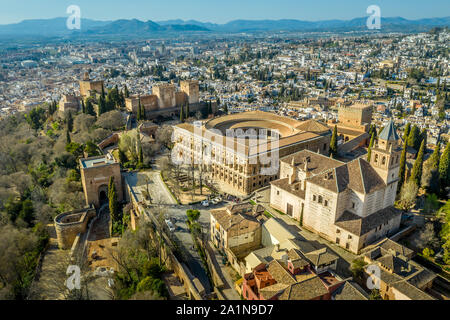 Aerial view of the courtyard of the Palace of Charles V in Granada Spain with the surrounding Arab garden in the Alhambra Stock Photo