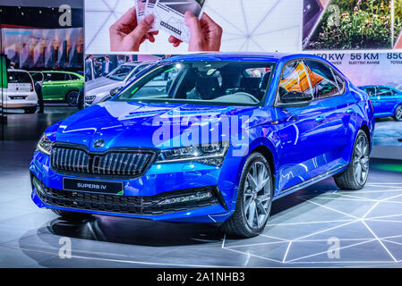 FRANKFURT, GERMANY - SEPT 2019: blue SKODA SUPERB iV B8 TYP 3V sedan car, IAA International Motor Show Auto Exhibtion. Stock Photo
