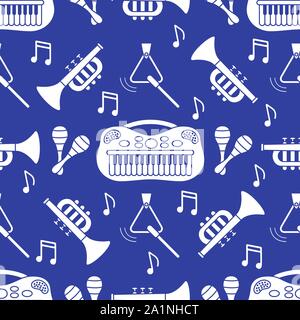 Vector seamless pattern with children's musical toys. Illustration with musical instruments. Maracas, synthesizer, trumpet, triangle and notes. Toys f Stock Vector