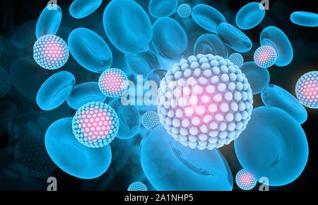 Virus with blood cells on Science background. 3d illustration Stock Photo