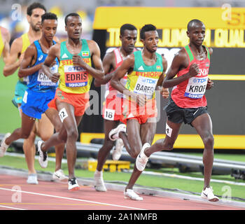 Selemon Barega (Ethiopia), Jacob Krop (Kenya), Muktar Edris (Ethiopia). 5000 Metres Men. IAAF World Athletics Championships, Doha 2019 Stock Photo