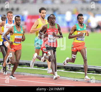 Selemon Barega (Ethiopia), Jacob Krop (Kenya), Muktar Edris (Ethiopia). 5000 Metres Men. IAAF World Athletics Championships, Doha 2019 Stock Photo