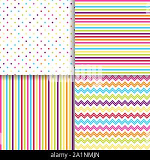 Colorful dotted and striped seamless patterns vector backgrounds Stock Vector