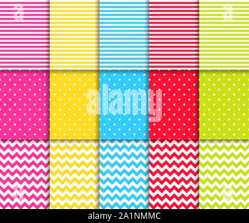 Colorful dotted and striped seamless patterns vector backgrounds Stock Vector