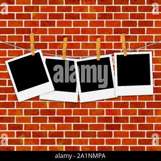 set of photo frames on rope with clothespins on brick wall vector Stock Vector