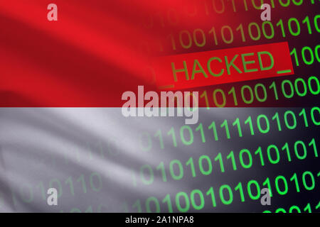 Indonesia hacked state security. Cyberattack on the financial and banking structure. Theft of secret information. On a background of a flag the binary code. Stock Photo