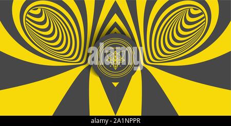 Black and yellow abstract striped background. Pattern with optical illusion. 3d surreal vector illustration. Stock Vector