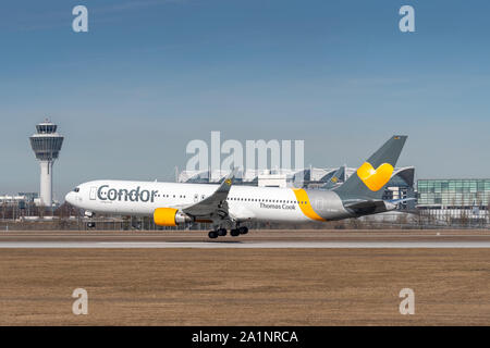 Munich, Germany - September 03. 2019 : Condor - Thomas Cook 767-300 with the aircraft registration D-ABUA in the approach to the southern runway 26L o Stock Photo