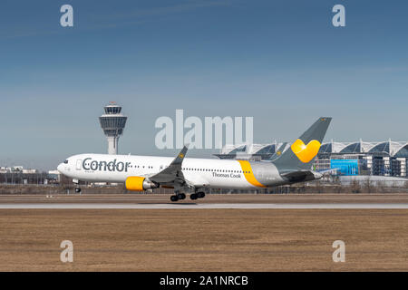 Munich, Germany - September 03. 2019 : Condor - Thomas Cook 767-300 with the aircraft registration D-ABUA in the approach to the southern runway 26L o Stock Photo