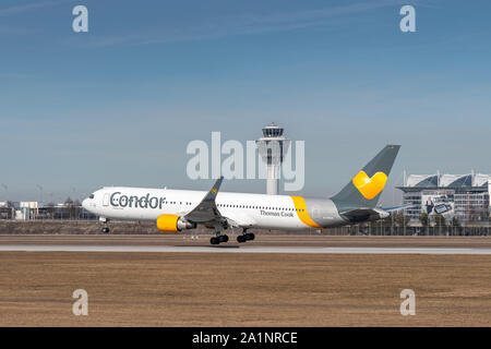 Munich, Germany - September 03. 2019 : Condor - Thomas Cook 767-300 with the aircraft registration D-ABUA in the approach to the southern runway 26L o Stock Photo