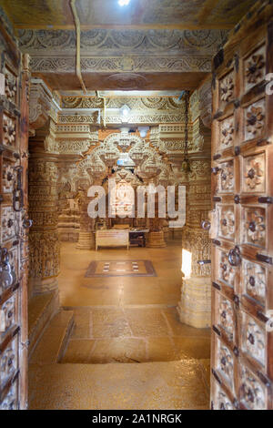 Jaisalmer, India - February 17, 2019: Interior of Jain Temples in Jaisalmer fort. Rajasthan Stock Photo