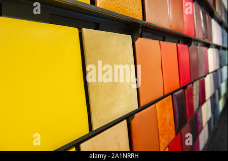 Coloured swatches of leather grouped by colour Stock Photo