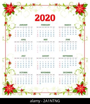 Vector calendar 2020 year with flowers of poinsettia. Week starts from sunday Stock Vector