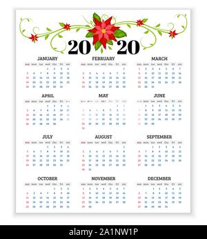 Vector calendar 2020 year with flowers of poinsettia. Week starts from sunday Stock Vector