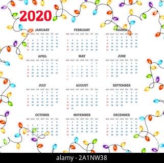 Calendar for 2020 with colorful garlands background. Vector illustration Stock Vector