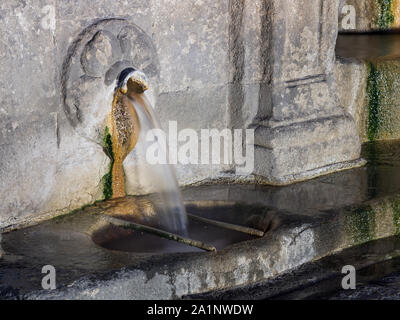 Detail view of a water jet at As Burgas hot springs in the city center. Stock Photo