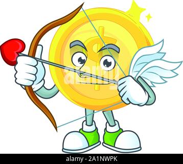 Cute golden coin character with love emotions, happy face, smile, arms ...