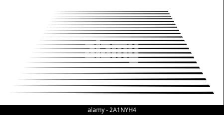Horizontal, straight parallel lines in perspective. 3d lines, stripes pattern. Streaks, strips vanishing, diminish lines. Stock Vector