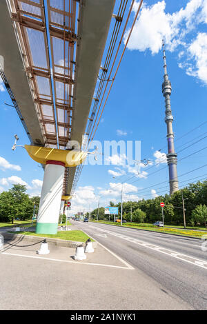 Moscow, Russia - July 8, 2019: Moscow monorail road with a view on Ostankino Tower on the background Stock Photo