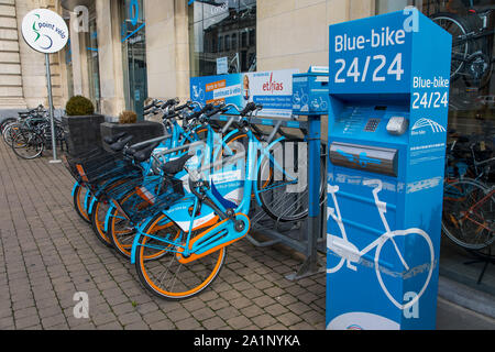 Bicycle hire at Namur railway station, Wallonia, Belgium, rental vending machine, Stock Photo