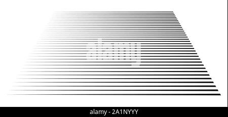 Horizontal, straight parallel lines in perspective. 3d lines, stripes pattern. Streaks, strips vanishing, diminish lines. Stock Vector