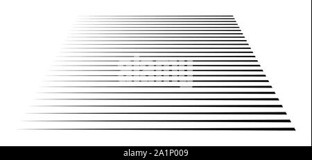 Horizontal, straight parallel lines in perspective. 3d lines, stripes pattern. Streaks, strips vanishing, diminish lines. Stock Vector