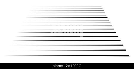 Horizontal, straight parallel lines in perspective. 3d lines, stripes pattern. Streaks, strips vanishing, diminish lines. Stock Vector