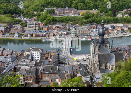 Dinant, province of Namur, in Wallonia, Belgium, on the Meuse, Notre-Dame de Dinant collegiate church, Dinant citadel, Stock Photo