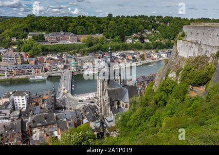 Dinant, province of Namur, in Wallonia, Belgium, on the Meuse, Notre-Dame de Dinant collegiate church, Dinant citadel, Stock Photo