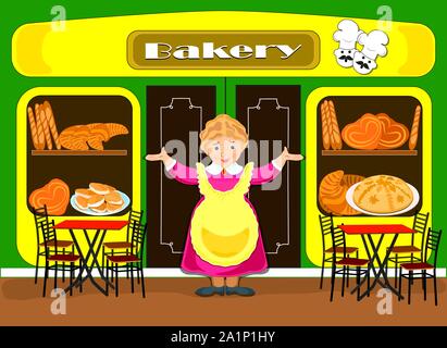 Flat drawing of a Baker's window. Small business bakeries. The seller kindly invites you to the cafe. Vector Stock Vector