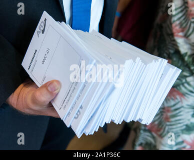 Hamburg, Germany. 28th Sep, 2019. Voting blocks will be held at the Party Congress of the Alternative for Germany (AfD). The Hamburg AfD opened its party conference on Saturday with a self-confident look at the elections. Credit: Daniel Bockwoldt/dpa/Alamy Live News Stock Photo